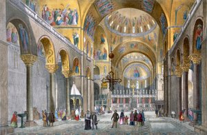 Interior of San Marco Basilica, Looking Towards the Dome, from Views of Venice by Cecchini, Pividor and Viola, c.1850 by Italian School