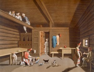 Interior of a Russian peasant home, c.1820s-30s by Italian School