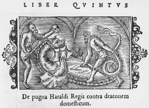 King Harald Fighting a Dragon (illustration from Historia de Gentibus Septentrionalibus by Olaus Magnus, published in Rome, 1555) by Italian School