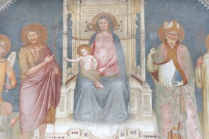 Madonna and Child, Angel Gabriel, Saint John the Baptist, Saint Ambrose, Saint Bernard by Italian School