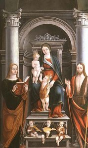 Madonna and Child receiving a rose from the Infant St. John the Baptist, with saints and angels by M.B.