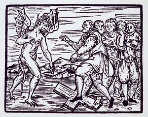 Male witch renouncing Christ, copy of an illustration from Compendium Maleticarum by Fr M Guaccius, used in History of Magic