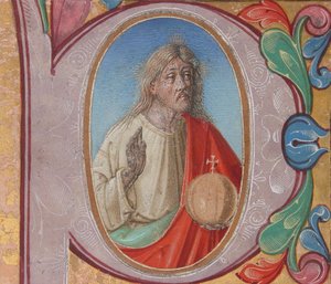 Manuscript Illumination with Salvator Mundi in an Initial P, from a Choir Book by Italian School