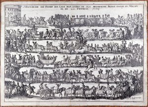 Masquerade: Procession and Dance of People in Masks on the Occasion of Carnival. Milan 20/02/1764. 18th Century Engraving