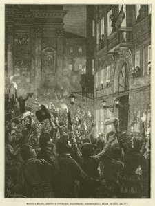 Mazzini in Milan, Addressing the People from the Balcony of the Bella Venezia Hotel (engraving) by Italian School