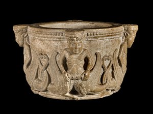 Medieval Stouch with Mermaid Figures in Carved Stone (Early 12th Century)