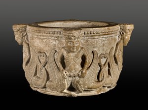 Medieval Stouch with Mermaids Figures in Carved Stone, Early 12th century