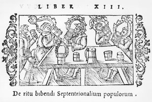 Men Drinking (illustration from Historia de Gentibus Septentrionalibus by Olaus Magnus, published in Rome, 1555) by Italian School