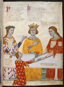 Miniature of the Judgement of Paris, with Pallas Athena, Juno and Venus sitting at a table, and Paris giving an olive branch to Venus, illustration from Address in verse to Robert of Anjou, King of Naples, from the town of Prato in Tuscany