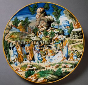 Moses Raises Water from the Rock and Gives a Drink to the People of Israel. Ceramic Plate Produced in Urbino