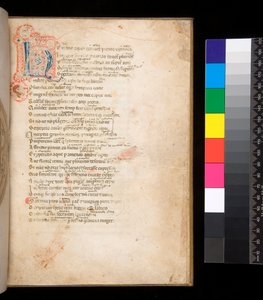 Ms 315. Horace, Ars Poetica and Epistulae, f.1r. Decorated Initial [N] in Blue and Red Diapered Infill and Surrounding Penwork in Red