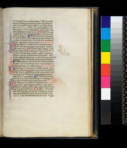 Ms 373. Pseudo-Cicero, Rhetorica ad Herennium, and other works, f.50r. Pen-flourished initials and a penwork decoration in the margin representing a kneeling barefoot monk, c.1337