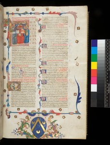 Ms 390. Seneca the Younger, Opera, and Seneca the Elder, Excerpta controversiarum, f.1r. Incipit page with historiated initial [L] housing Jerome, St Paul and Seneca, Veneto