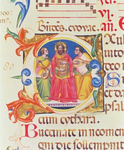 Historiated initial O depicting King David and two angels, from the Psalter of Santa Maria Novella, illuminated by Paolo Soldini 1379 by Italian School