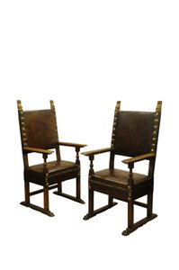 Pair Walnut Leather Upholstered Throne Chairs, Italy c.1660