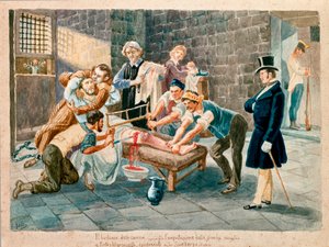Patriot and member of the Carboneria Pietro Maroncelli was amputated of his leg during his imprisonment in the penitentiary of the fortress of Spielberg in Moravia. Prints of the 19th century by Italian School