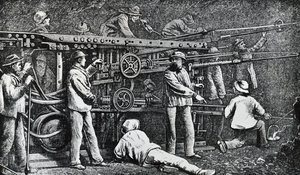 Pneumatic rock-drilling machine created by Giovanni Battista Piatti and perfected by Germano Sommeiller, engraving by Italian School