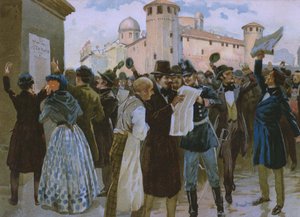 Proclamation of the results of the plebiscite of 4th March 1848 before Palazzo Reale in Turin, illustration from an album on the history of Risorgimento made for the chocolate Talmone