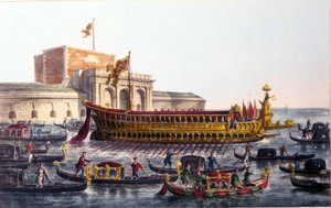 Representation of the Bucentaur. On Ascension Day, the Doge crossed the Venice lagoon to reach the mouth of the open sea aboard a ship called the Bucentaur by Italian School