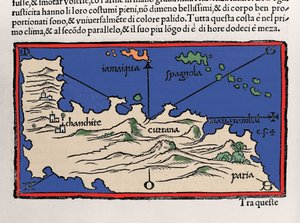 Representation of the Caribbean Islands and the coasts of Venezuela. Isolario (map of islands) by Benedetto Bordone. Venice 1547