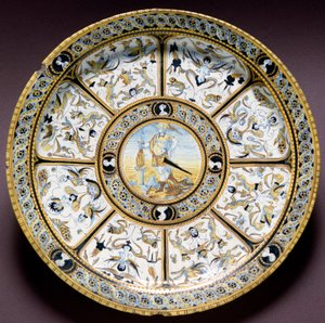 Representation of the Roman hero Scaevola (Muzio Scevola). Ceramic plate produced in Urbino, Italy. Circa 1590. National Museum of Bargello, Florence, Italy by Italian School