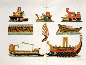 Roman Ships with Details of Figureheads, Plate 23, Class 5 from Part I of The History of the Nations, Engraved by Simonetti