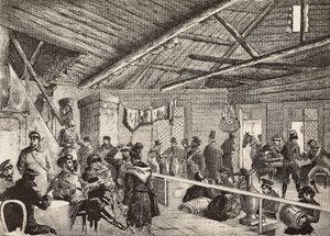 Russian soldiers in tavern near Warsaw fortifications, Poland, engraving from L