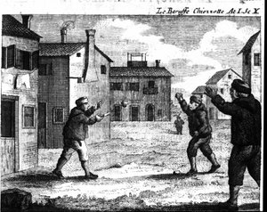 Scene 10 of Act I of the comic piece “Le baruffe chiozzotte” (Baroufe a Chioggia) (1762) by Carlo Goldoni (1707-1793). Engraving of the 18th century