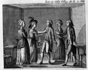 Scene 8 of Act II of the comic piece “Ritorno della villeggiatura” (Return of the City) (1761) by Carlo Goldoni (1707-1793). Engraving of the 18th century by Italian School