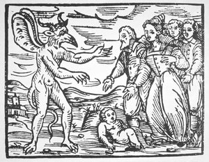 Sorcerers presenting a child to the Devil, from Compendium Maleticarum by Fr M Guaccius (1608) illustrated in a history of magic published late 19th century by Italian School