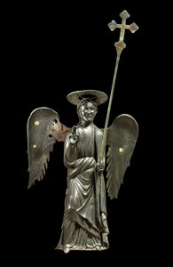 St. Gabriel Archangel holding a processional cross, 12th century bronze statue, Cross of 1369