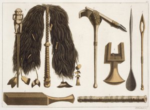 Tahitian tools and Ceremonial instruments, illustration from a collection of early 19th Century travel books