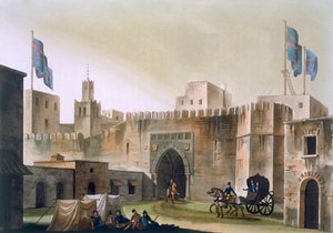 The Beb Kar, gate into Tunis, with Europeans in horse-drawn gig by Italian School