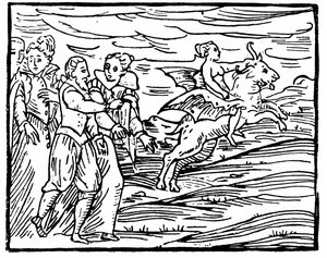 The Devil, in Form of a Flying Goat, Carrying a Witch to the Sabbath, Illustration from Compendium Maleficarum by Francesco Maria Guazzo, 1608