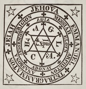 The Great Magic Circle of Agrippa for the Evocation of Demons, copy of an illustration from Les Oevres Magiques de Henri Corneille Agrippa, Rome 1744, used in a History of Magic, published late 19th century