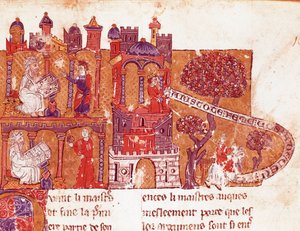 The Greek philosopher Aristotle (383-322 BC) teaches his students morality and contempt for women (misogyny). Miniature from an Italian manuscript of the 14th century