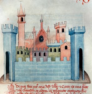 The city of Cherasco in the province of Coni in Piemont in Italy. Church and wall and fortification tower of the medieval city. Page of Codex Astensis or Malabayla. 13th century miniature. Asti, Archivio Storico Comunale