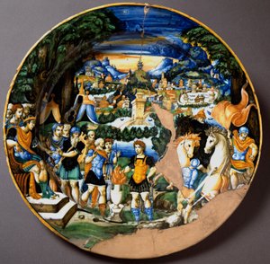 The hero Caius Mucius Scaevola facing Porsenna, Etruscan king. Ceramic plate produced in Urbino in the workshop Fontana, Italy. Circa 1560. National Museum of Bargello, Florence, Italy