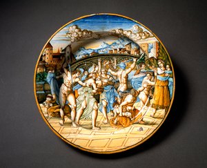The massacre of the innocents. Ceramic plate produced in Urbino in the workshop Fontana, Italy. Circa 1566. National Museum of Bargello, Florence, Italy