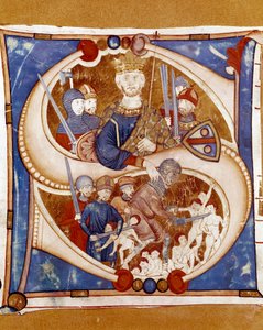 The massacre of the innocents. King Herod I the Great (73-4 BC) ordering the massacre of the newborns of Bethlehem. Illuminated letter of a manuscript from the school of Umbria. 14th century. Citta di Castello, Biblioteca Civica