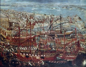 The triumphant return of the Venetian fleet to the arsenal after the campaign led by Doge Francesco Morosini against the Turks in 1659. Painting of the Venetian School (17th century) Venice, Correr Museum