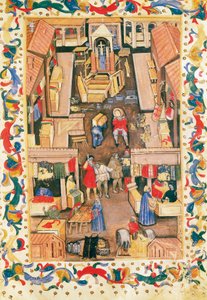 The walk of the square Ravegnana in Bologna with cloth merchant