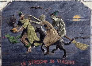 The witches on their way to the Sabbath: one is on a black cat, another on a broom and the third on a dragon carries an elixir.