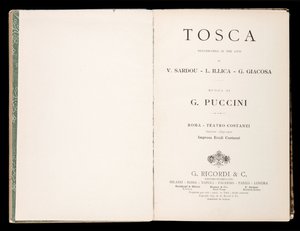 Title page, Libretto of Tosca by Giacomo Puccini, Edizione Ricordi, Italy by Italian School