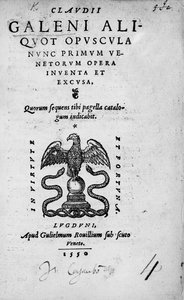 Titlepage to Claudi Galeni Aliquot opuscula nunc primum Venetorum opera inventa et excusa, a collection of works by Claudius Galen, published in 1550