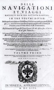 Title page to volume I of Delle Navigationi et Viaggi by Giovanni Ramusio (1485-1557) published 1613