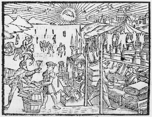 Trade in Scandinavia, illustration from Historia de Gentibus Septentrionalibus by Olaus Magnus, published in Rome, 1555 by Italian School