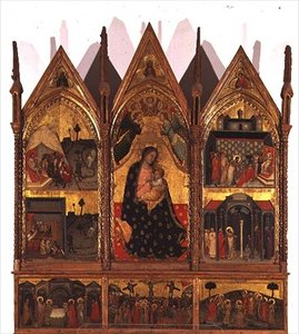 Triptych: Madonna and Child Enthroned flanked by scenes from the life of St. Bartholomew with a predella panel of scenes from the life of Christ by Italian School
