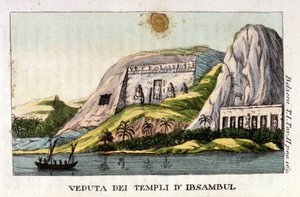View of Abu Simbel Temple. Giovanni Battista (Gianbattista) Belzoni (1778-1823), Italian explorer and archeologist, made important archeological discoveries in Egypt. Engraving - in “Viaggio in Egitto e in Nubia” by Belzoni, Milan by Italian School