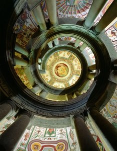 View of the stone spiral staircase looking up towards the ceiling, designed by Jacopo Vignola and his successors by Italian School